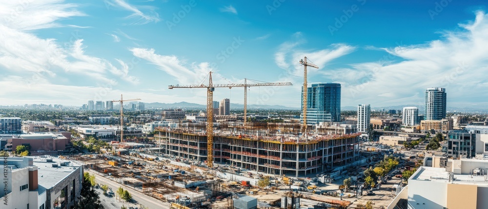 Construction site with cranes and buildings under development, set against a bright sky and cityscape. Construction site with cranes and buildings under development, set against a bright sky and cityscape.