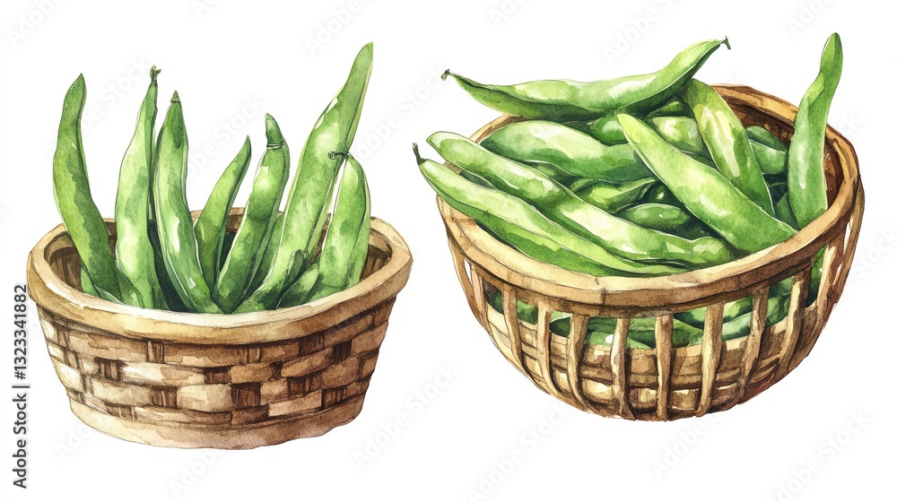 Vegetables and farm produce. Collection set watercolor fresh farm vegetables. Fresh green peas in woven baskets. Vegetables and farm produce. Collection set watercolor fresh farm vegetables. Fresh green peas in woven baskets.