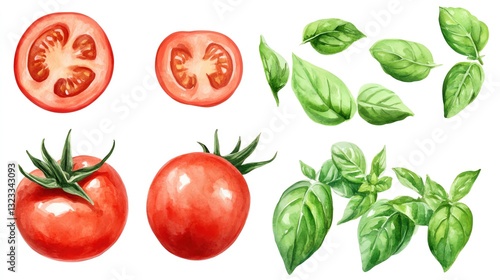 Vegetables and farm produce. Collection set watercolor fresh farm vegetables. Fresh tomatoes and basil leaves illustration.