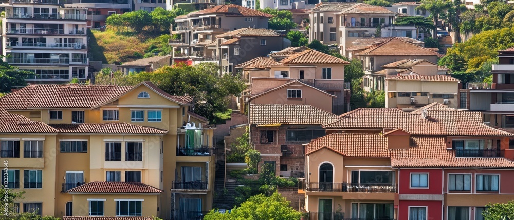 Fototapeta premium Vibrant hillside community featuring various architectural styles and colorful houses surrounded by greenery.