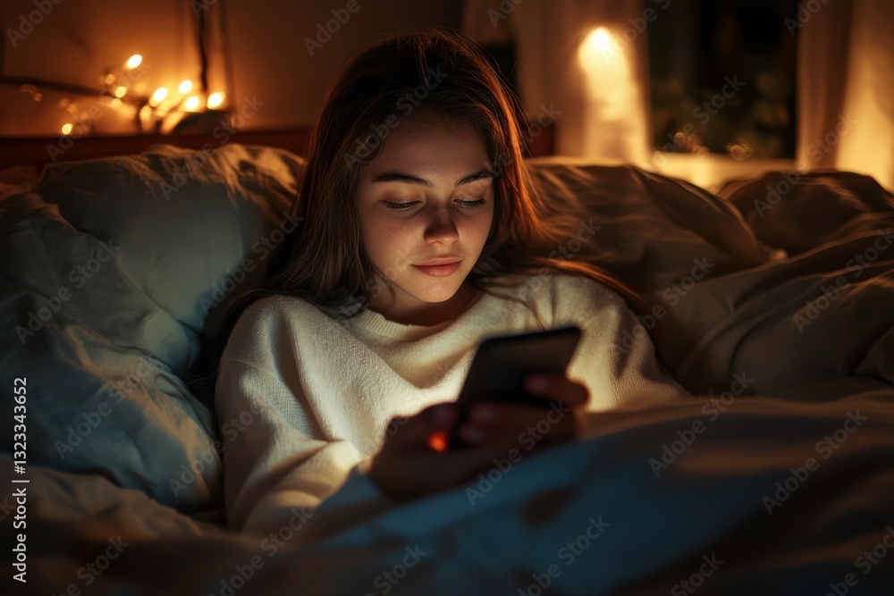 Young woman lying in bed at night illuminated by smartphone screen glow in a bedroom Young woman lying in bed at night illuminated by smartphone screen glow in a bedroom