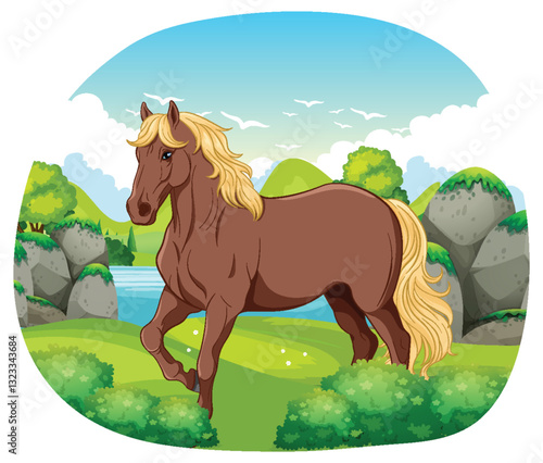Beautiful Horse in Natural Scenery – Majestic Wildlife Landscape Vector