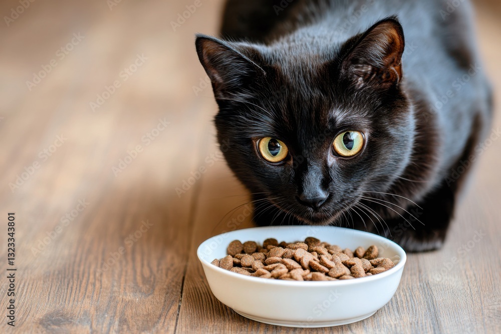 Curious black cat eating dry cat food from a white bowl on a wooden floor