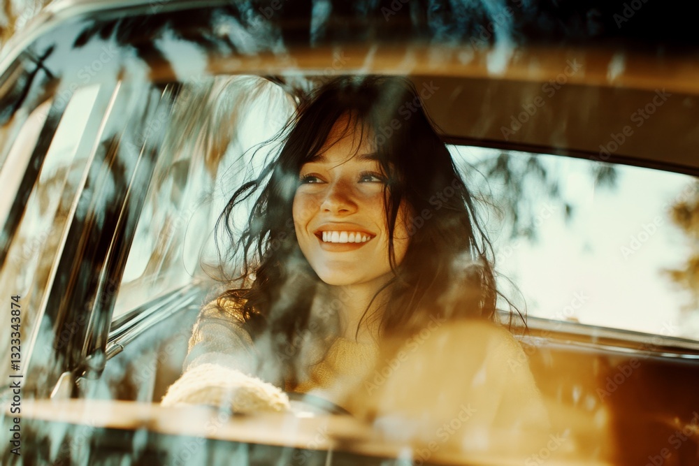 Smiling woman driving a car, captured through the windshield with warm sunlight