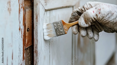 Painting an old wooden door with a brush using white paint home renovation and restoration close-up