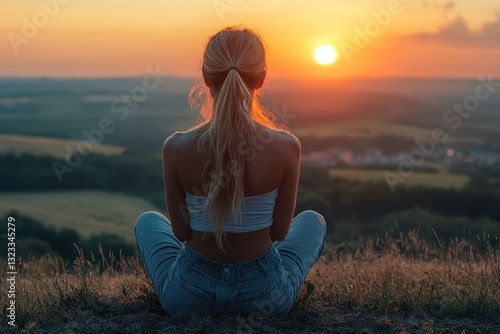 Wallpaper Mural Woman Sitting on Hill at Sunset with Hopeful View Torontodigital.ca