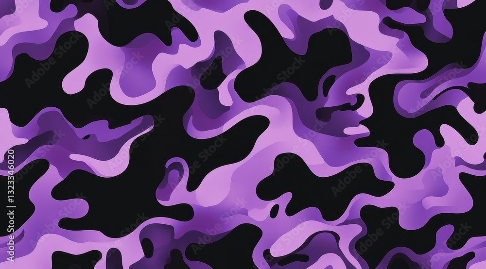 Trendy abstract camouflage pattern in bold purple and black, featuring smooth, organic, and flowing shapes for a stylish look. Trendy abstract camouflage pattern in bold purple and black, featuring smooth, organic, and flowing shapes for a stylish look.