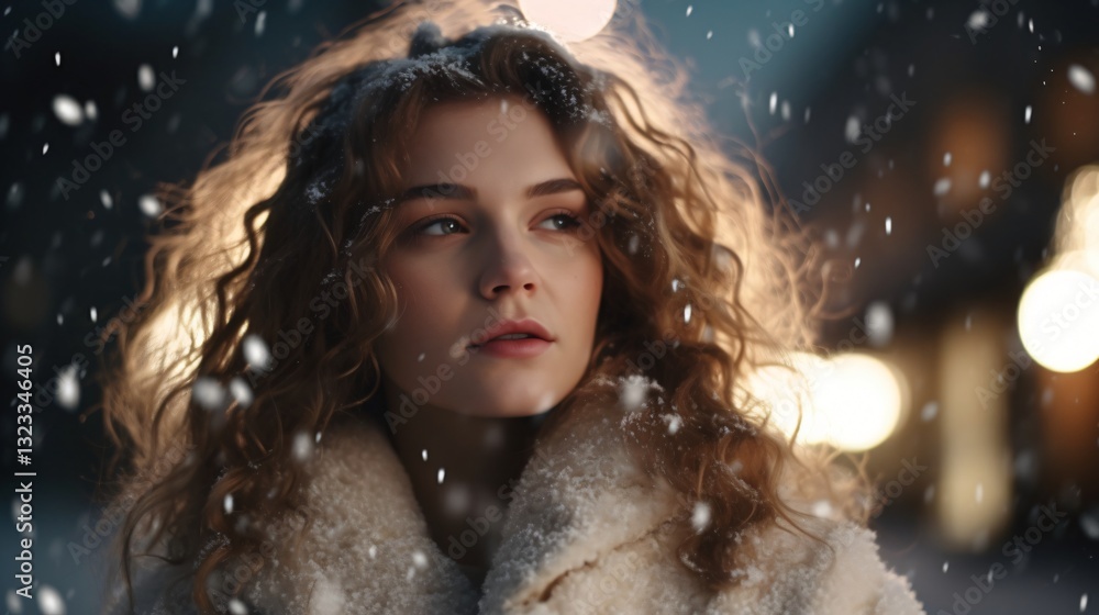 Pensive Young Woman in Winter Snowfall Pensive Young Woman in Winter Snowfall