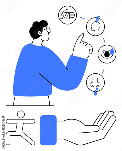 Individual pointing at five sensory symbols for touch, taste, smell, sight, and hearing linked to health. Ideal for health, well-being, education, sensory awareness mindfulness medical care