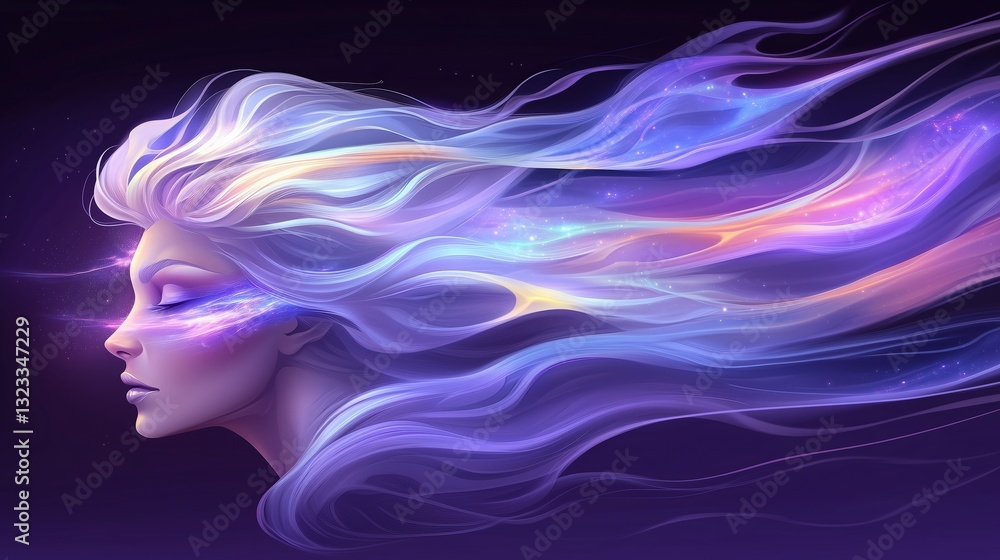 Fantasy-inspired woman with flowing cosmic hair illuminated by glowing streaks of blue and purple light. Celestial beauty Fantasy-inspired woman with flowing cosmic hair illuminated by glowing streaks of blue and purple light. Celestial beauty