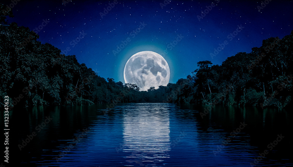 Fototapeta premium Full moon at night, the big full moon reflects on the calm lake, the moon's shadow on the river is beautiful at night.