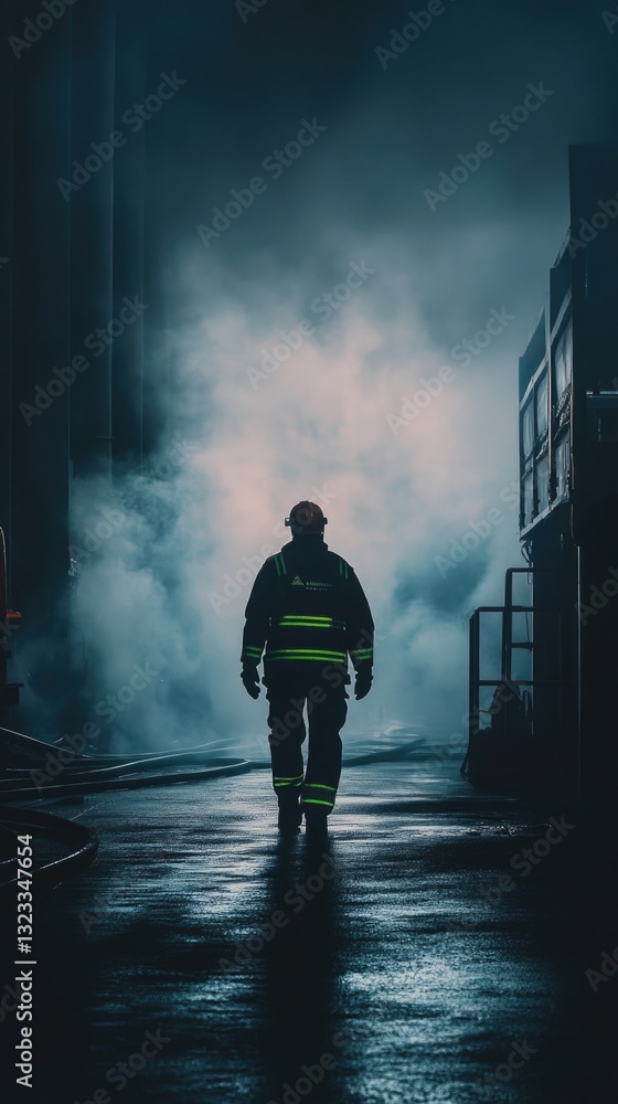 A firefighter is walking through a dark city street at night, looking for something A firefighter is walking through a dark city street at night, looking for something