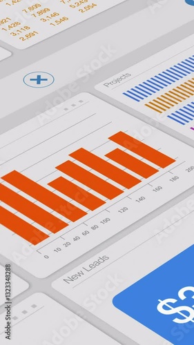close-up of a computer monitor, dashboard view of an ERP software enterprise resource planning, or a CRM software customer relationship management, charts, data and reports, graphic interface (3d rend