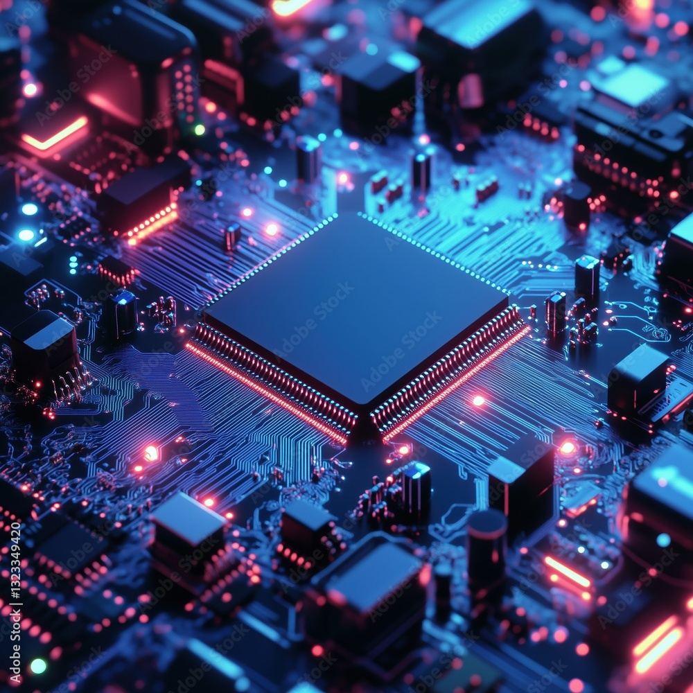 Obraz premium Close-up of a sleek, glowing microchip on a futuristic circuit board, showcasing advanced technology and innovation
