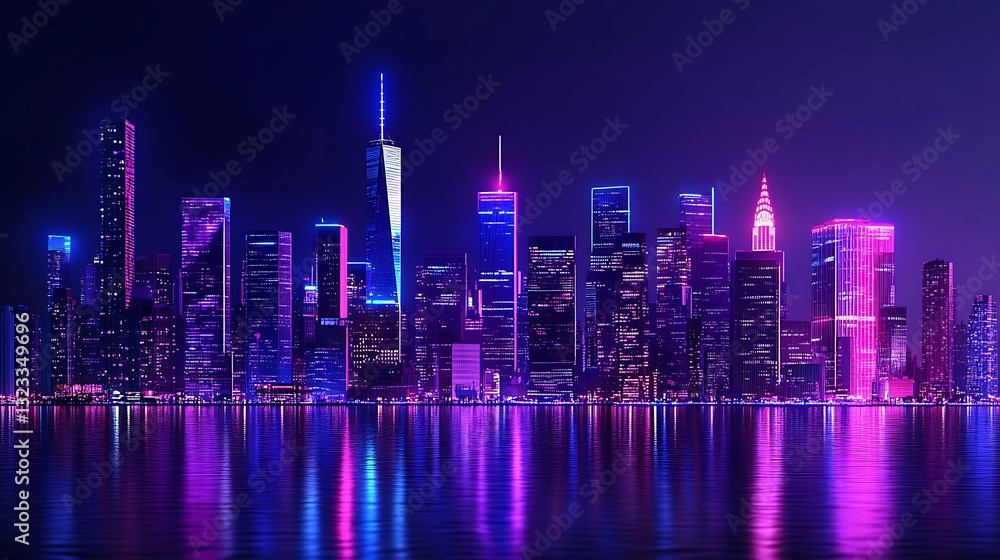 Fototapeta premium Futuristic city skyline reflecting neon lights over water, background for technology or art
