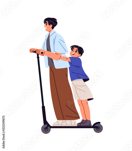 Friends ride on rental electric or kick scooter together. Happy little boy holds on waist of brother. Sibling have fun, drive outdoors in summer. Flat isolated vector illustration on white background