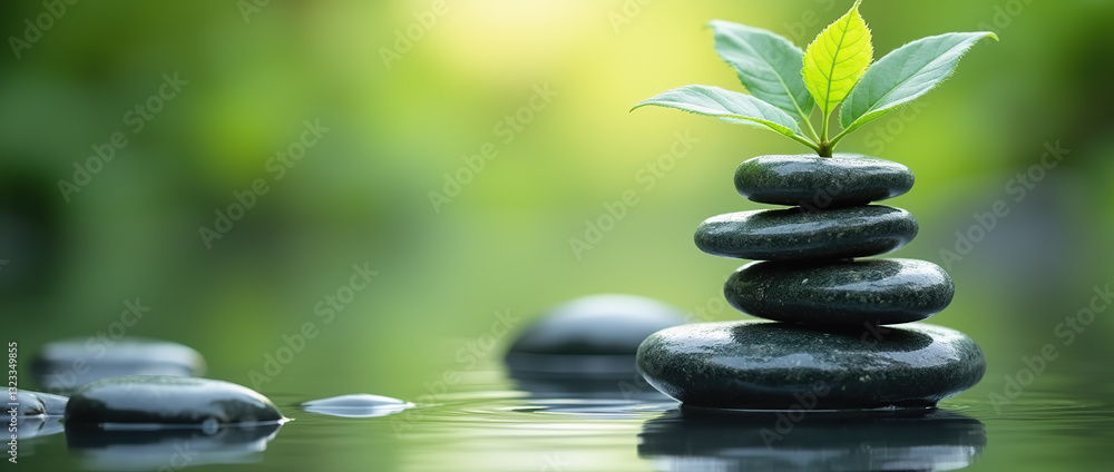 A pyramid of Zen stones on a calm water surface, enhancing spa design with a peaceful, meditative atmosphere for wellness. A pyramid of Zen stones on a calm water surface, enhancing spa design with a peaceful, meditative atmosphere for wellness.