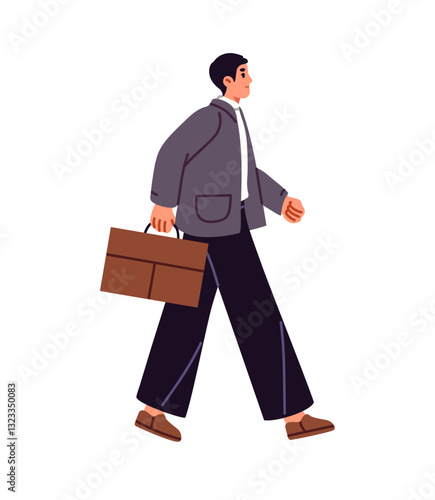 Businessman in suit goes to work in office. Employee, busy man in costume carries briefcase in hand. Business worker walks with bag side view. Flat isolated vector illustration on white background