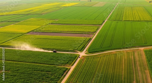 Aerial view of tractor driving through green agricultural fields, showcasing farming and agriculture