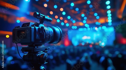 Professional video camera in a vibrant auditorium setting capturing live event