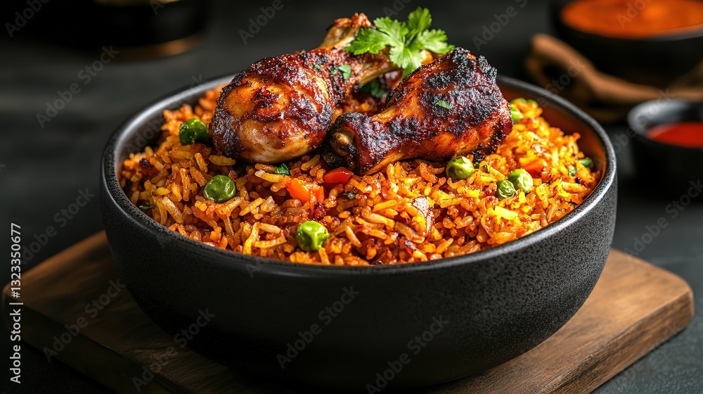 A lavish serving of Jollof Rice, vibrant and rich, with tender, juicy chicken pieces A lavish serving of Jollof Rice, vibrant and rich, with tender, juicy chicken pieces