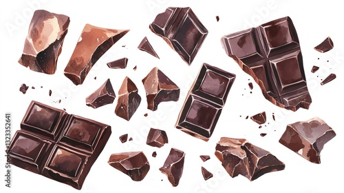 candy and sweets watercolor collection isoleate background Collection set watercolor. Delicious broken dark chocolate pieces.