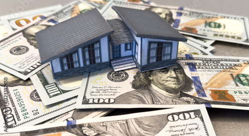 Slika na platnu Money house dollar bill real estate isolated on white business finance wealth investment currency background of residential building property home mortgage concept or financial economy banking market