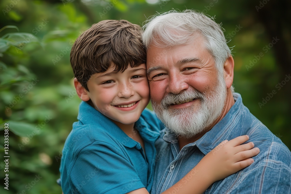 Smiling Grandfather and Grandson Hugging Outdoors in a Green Environment Smiling Grandfather and Grandson Hugging Outdoors in a Green Environment