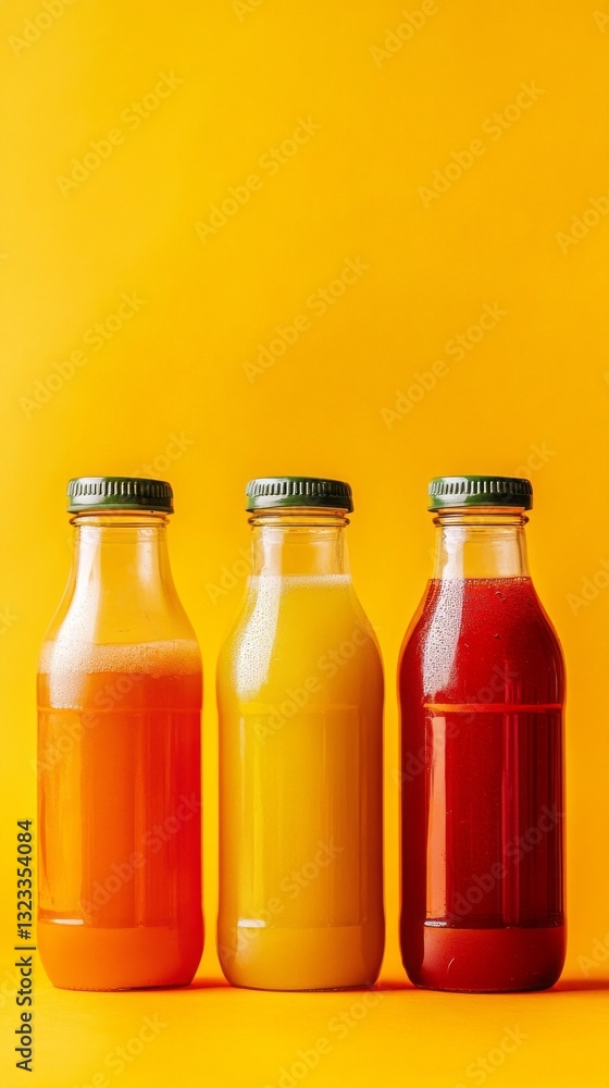 Three colorful plastic bottles filled with healthy detox juices stand against a cheerful yellow background, showcasing vibrant flavors and health benefits Three colorful plastic bottles filled with healthy detox juices stand against a cheerful yellow background, showcasing vibrant flavors and health benefits