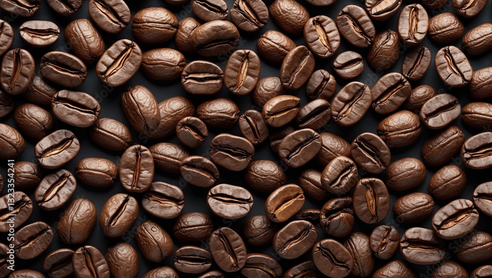 Fototapeta premium Brown coffee beans scattered densely on a dark surface, creating a textured background with ample white space for text or design elements.