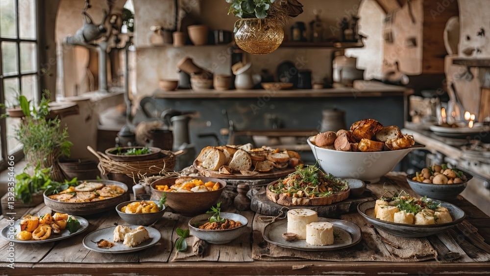 Rustic kitchen table filled with an array of homemade dishes including breads, cheeses, fruits, and herbs against a warm, earthy background. Rustic kitchen table filled with an array of homemade dishes including breads, cheeses, fruits, and herbs against a warm, earthy background.