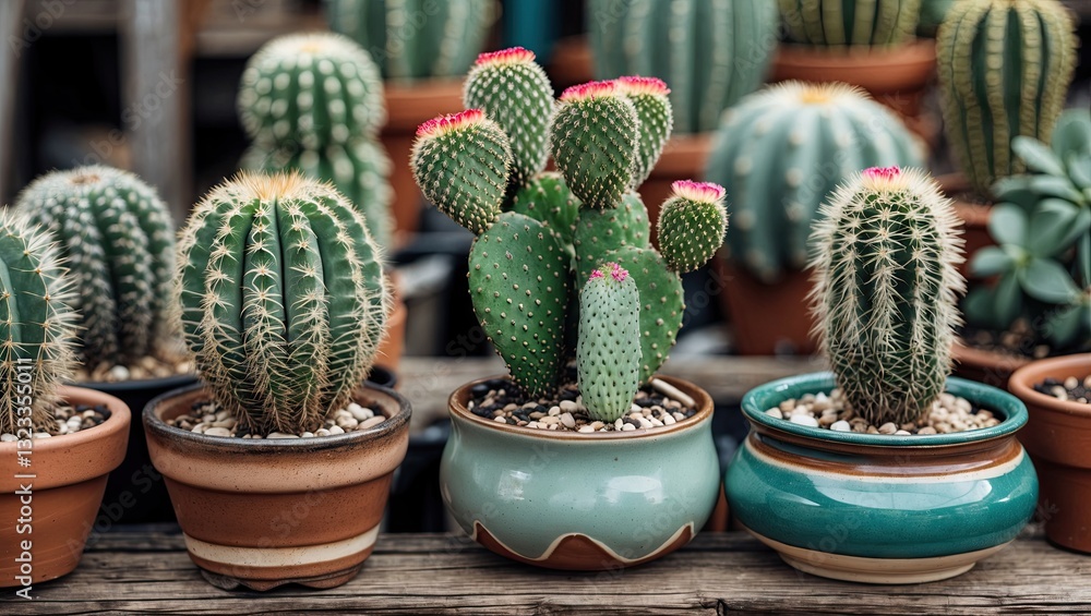 Colorful cacti in small ceramic pots with green and pink highlights arranged on a wooden surface showcasing their unique shapes and textures. Colorful cacti in small ceramic pots with green and pink highlights arranged on a wooden surface showcasing their unique shapes and textures.