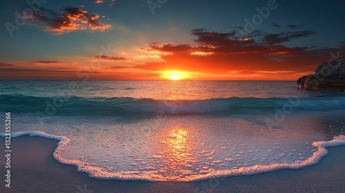 beautiful seascape with gradient sky twilight time pink blue hue, gentle wave clashing on beach with sunset sky