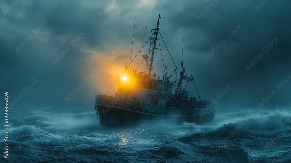 Obraz premium fishing boat trapped in an ocean storm with raging sea