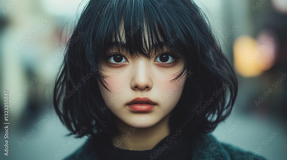 close up young Japanese female model face portrait, short black hair dramatic mood with light make up close up young Japanese female model face portrait, short black hair dramatic mood with light make up