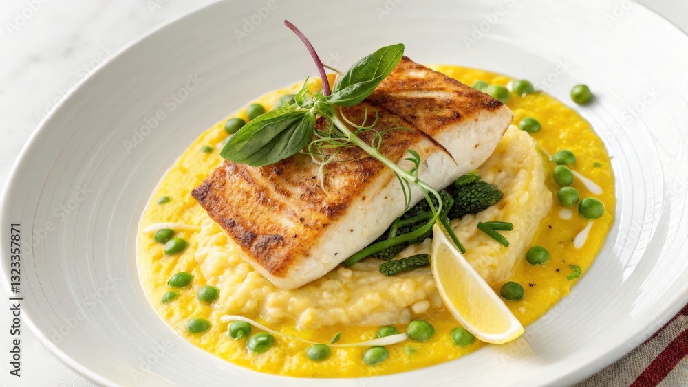 Pan-Seared Halibut with Saffron Risotto
A golden-brown halibut fillet sits atop a creamy saffron risotto, its vibrant yellow color contrasting with the white fish. Pan-Seared Halibut with Saffron Risotto
A golden-brown halibut fillet sits atop a creamy saffron risotto, its vibrant yellow color contrasting with the white fish.
