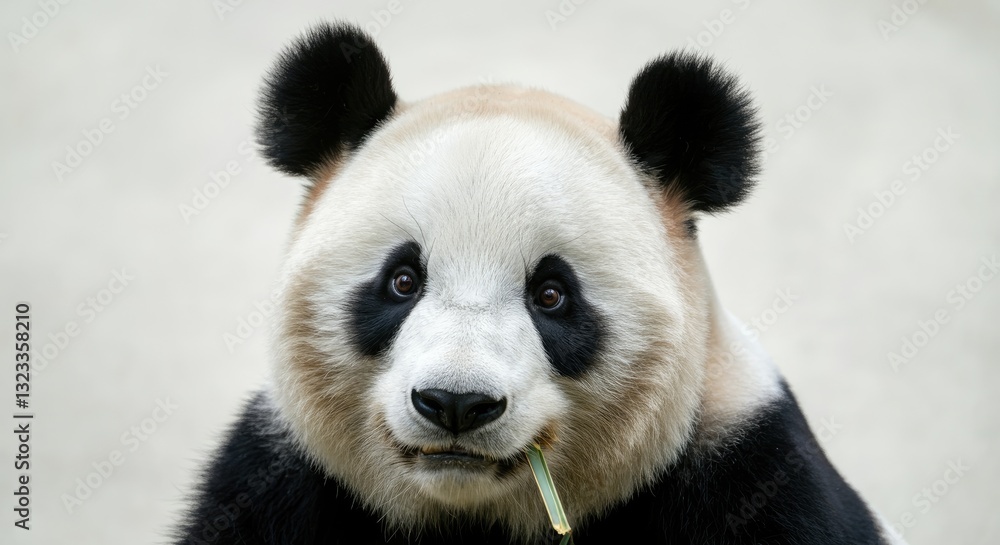 Fototapeta premium Close-up of panda chewing bamboo, showcasing its black and white fur