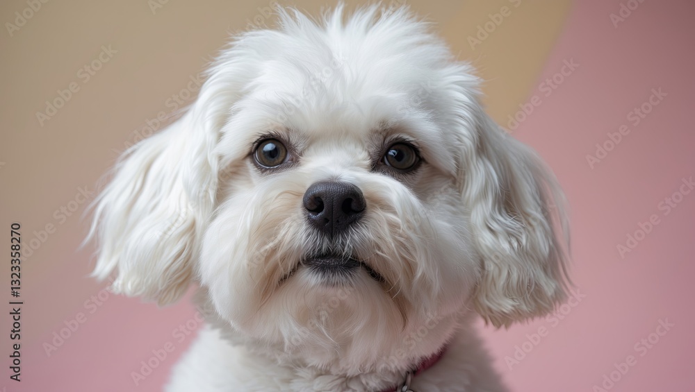 Close-up portrait of a fluffy white Bichon Frise dog centered against a soft pink and beige pastel background highlighting its expressive features. Close-up portrait of a fluffy white Bichon Frise dog centered against a soft pink and beige pastel background highlighting its expressive features.
