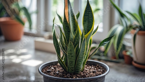 Close-up of a vibrant Snake plant in a dark brown pot with textured green leaves, set against a soft blurred indoor background.