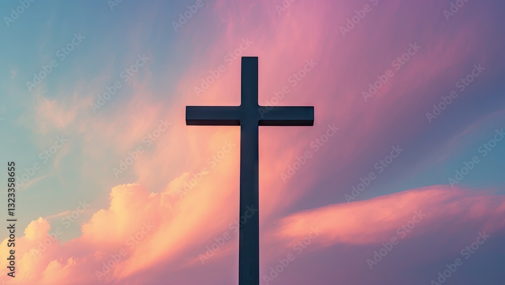 Christian cross silhouette against a vibrant sunset sky with pink and blue hues, centered for copy space and design elements. Christian cross silhouette against a vibrant sunset sky with pink and blue hues, centered for copy space and design elements.