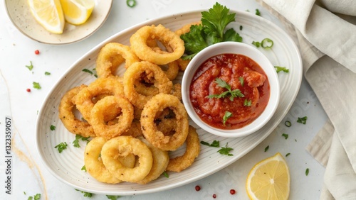 Wallpaper Mural Crispy Calamari with Marinara Sauce
A plate of golden, crispy calamari rings is served with a side of vibrant marinara sauce. The dish is garnished with a sprinkle of parsley and a lemon wedge. Torontodigital.ca