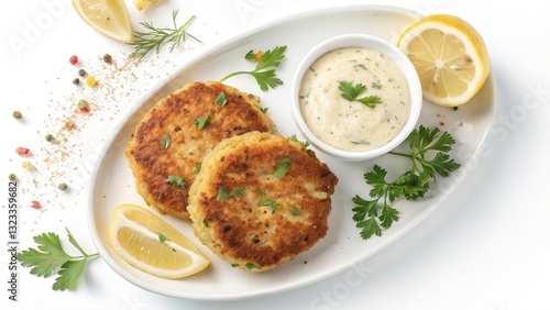 Crab Cakes with Remoulade Sauce
Two golden-brown crab cakes are served with a side of creamy remoulade sauce. The dish is garnished with a lemon wedge and a sprinkle of parsley. 