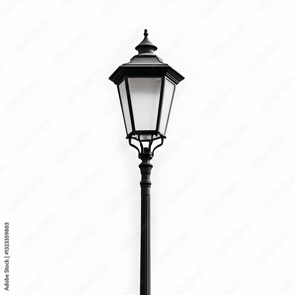 A tall, elegant black streetlamp with a classic design, standing proudly against a clean white background A tall, elegant black streetlamp with a classic design, standing proudly against a clean white background