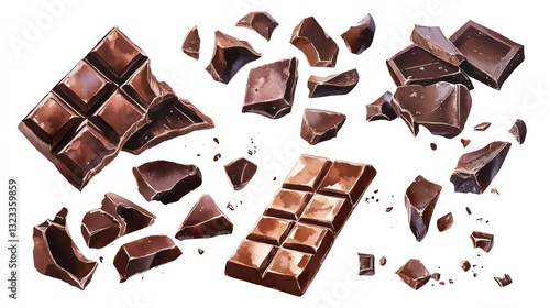 candy and sweets watercolor collection isoleate background Collection set watercolor. Delicious dark chocolate pieces scattered randomly.