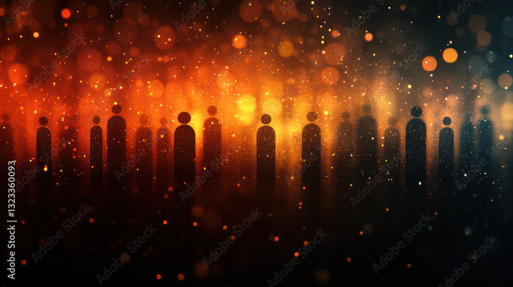 Fototapeta premium Crowd silhouettes, fiery backdrop