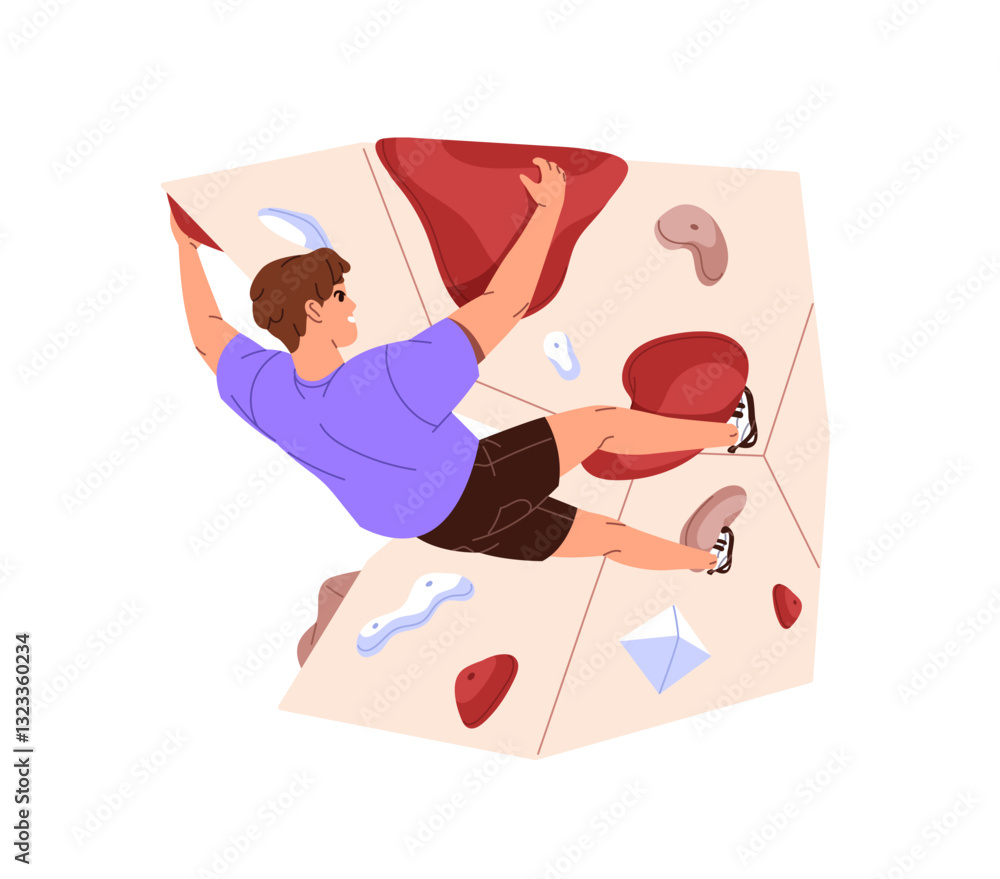 Fototapeta premium Alpinist is mountaineering on a climbing wall. Climber is bouldering in gym. Boy does sports training on artificial mountain, mounts on rock. Flat isolated vector illustration on white background