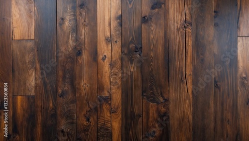 Dark brown wood grain texture showcasing intricate patterns and knots, ideal for rustic backdrops, centered composition with a warm tone.