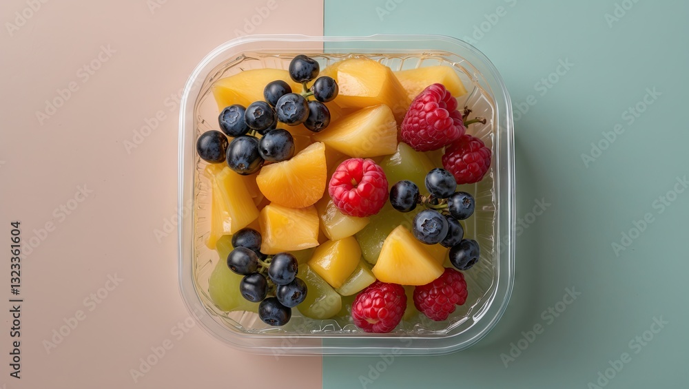 Fresh assorted fruit in a clear plastic container with vibrant colors including yellow peaches, blue blueberries, and red raspberries, top view on pastel background Fresh assorted fruit in a clear plastic container with vibrant colors including yellow peaches, blue blueberries, and red raspberries, top view on pastel background