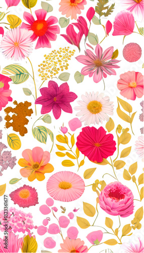 Wallpaper Mural The vibrant flower pattern features bold colors and intricate details, enhancing any visual design.  Torontodigital.ca