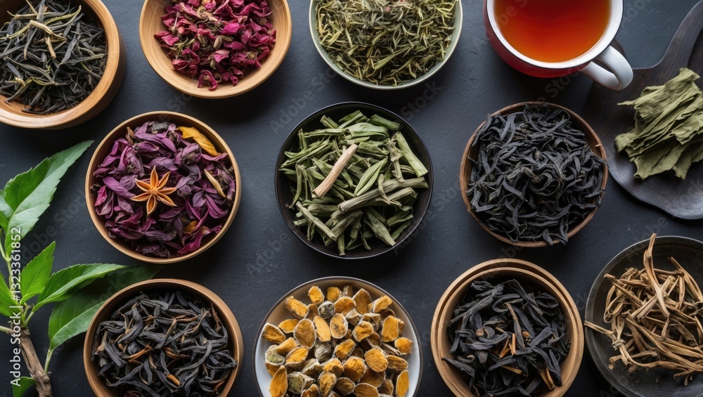 Fototapeta premium Flat lay arrangement of various dried teas in bowls, including green, black, and herbal teas, with a cup of tea and dark tabletop background.